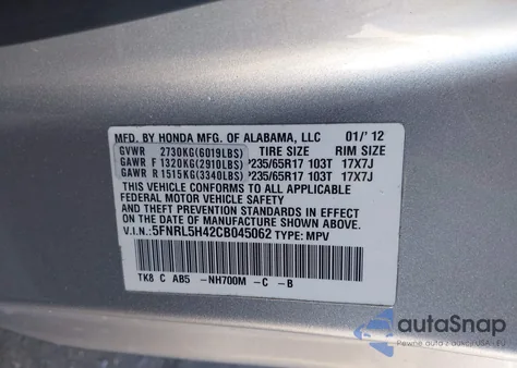 2012 Honda Odyssey Ex from USA, damaged, VIN 5FNRL5H42CB045062